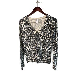 GAP Women's Sweater V-Neck Fitted Light Weight Floral Black & White Size M